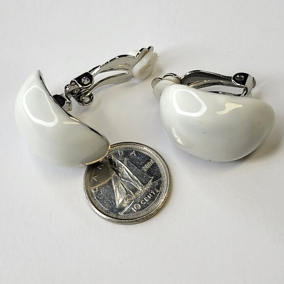 White Clip On Earrings Oval Shaped Enamelled Earrings - Picture 2 of 4